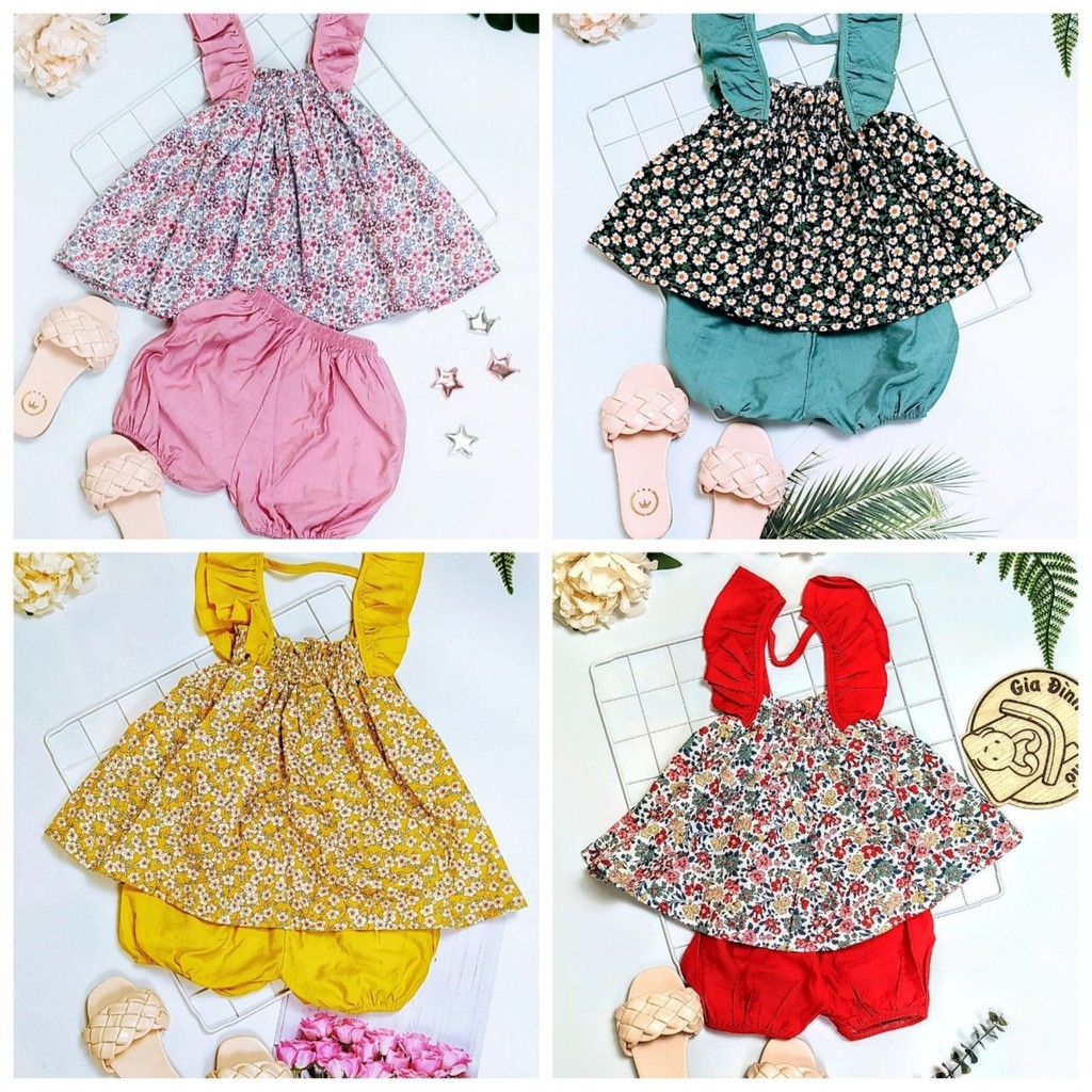 Set bộ áo cánh tiên hoa nhí quần đũi mát cho bé gái ở nhà đi chơi
