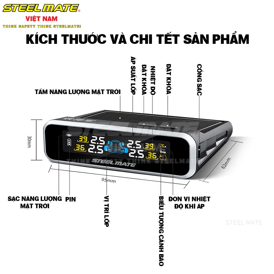 Cảm Biến Áp Suất Lốp Van Ngoài TPMS STEELMATE - Màn Hình LCD Màu Hiển Thị Không Dây Chính Hãng - Bảo Hành 12 Tháng