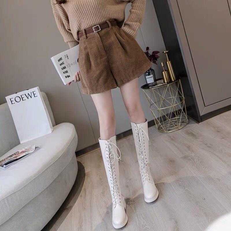 Quần shorts nữ nhung tăm kèm đai ba màu đen nâu kem đậm cạp lưng cao quần đùi nữ phong cách hàn quốc cao cấp KOZODA Q16 | BigBuy360 - bigbuy360.vn