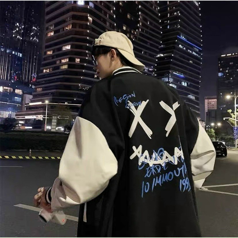 Áo Khoác bomber da lộn In Hình mặt cười Sau Lưng Xanh Đen Ảnh Thật Siêu Đẹp Cá Tính Phong Cách- AQSTORE