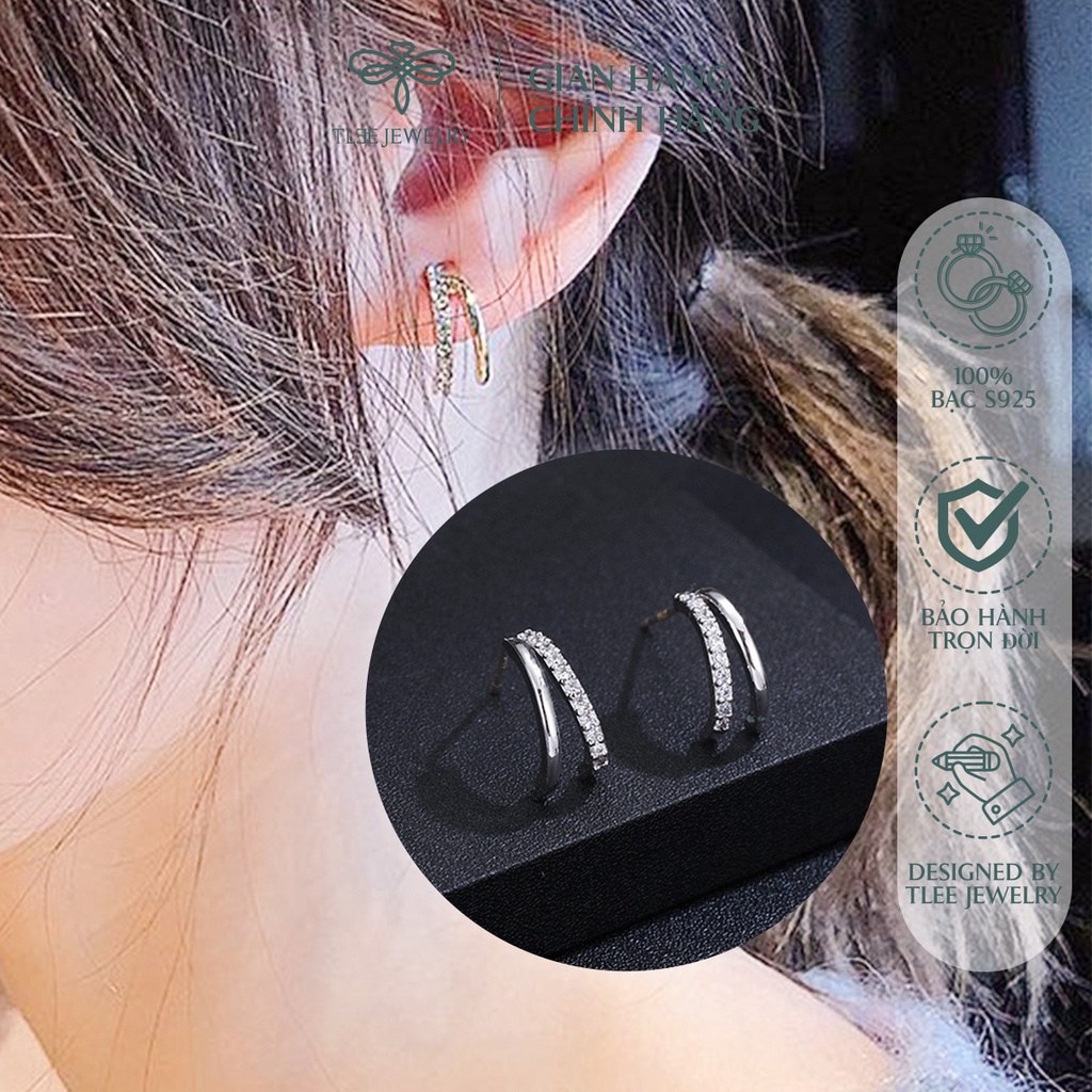 Khuyên tai bạc nữ TLEE móc kép cá tính nạm đá sang trọng NCJ B0199