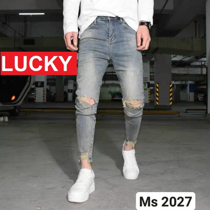 QUẦN JEAN NAM CHẤT BÒ RÁCH GỐI XẾP LI GẤU QUẦN CO GIÃN KJ2027 LUCKY SHOP | BigBuy360 - bigbuy360.vn