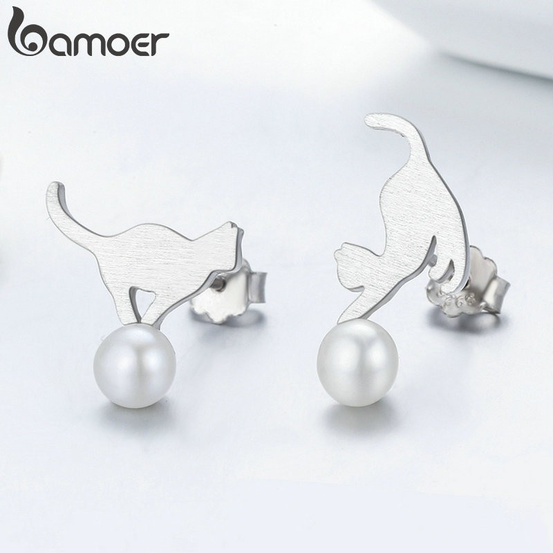 Bông tai Bamoer bạc 925 họa tiết chú mèo chơi bóng xinh xắn