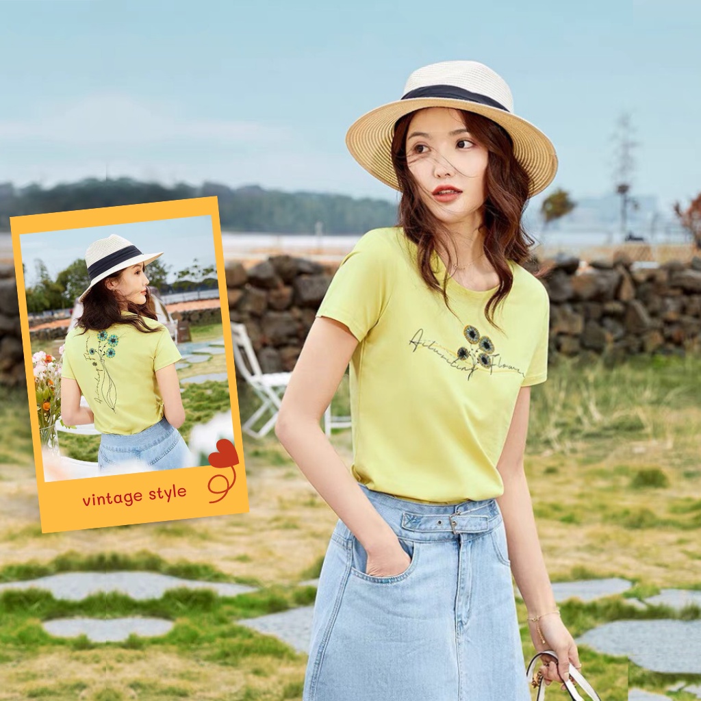Áo cộc tay nữ áo thun nữ Ydiqi cổ tròn thêu hoa tay ngắn chất cotton co giãn bốn chiều phong cách Hàn Quốc 2023