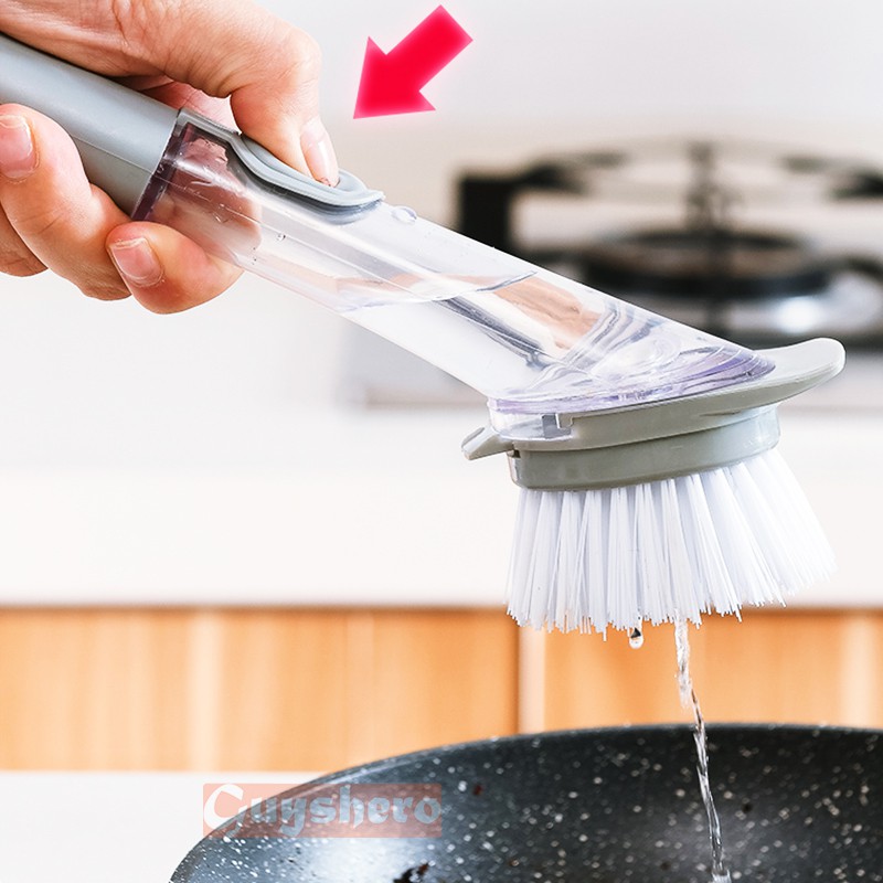 Guyshero Cọ rửa chén tích hợp ống đựng xà phòng tay cầm dài tiện dụng cho nhà bếp