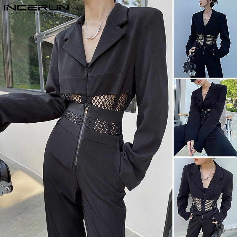 Áo liền quần INCERUN tay dài cổ bẻ may ghép lưới xuyên thấu dành cho nam giới