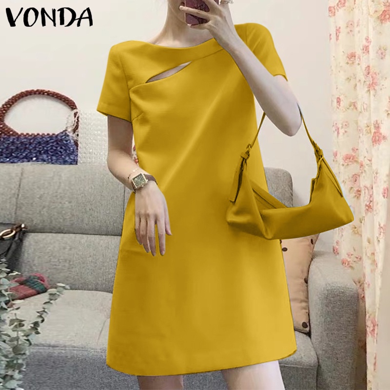 Đầm VONDA ngắn tay cổ tròn màu trơn nút ngọc trai thời trang mùa hè phong cách Hàn Quốc cho nữ
