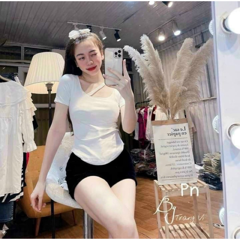 Xả hàng - Áo thun kiểu cổ vuông dây chéo vạt tròn, Áo kiểu dáng ôm cổ U AK1181 - NhiNhi Shop