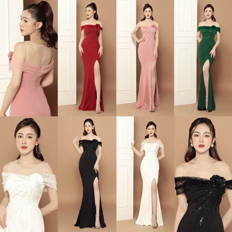 Đầm dạ hội trễ vai kết kim sa