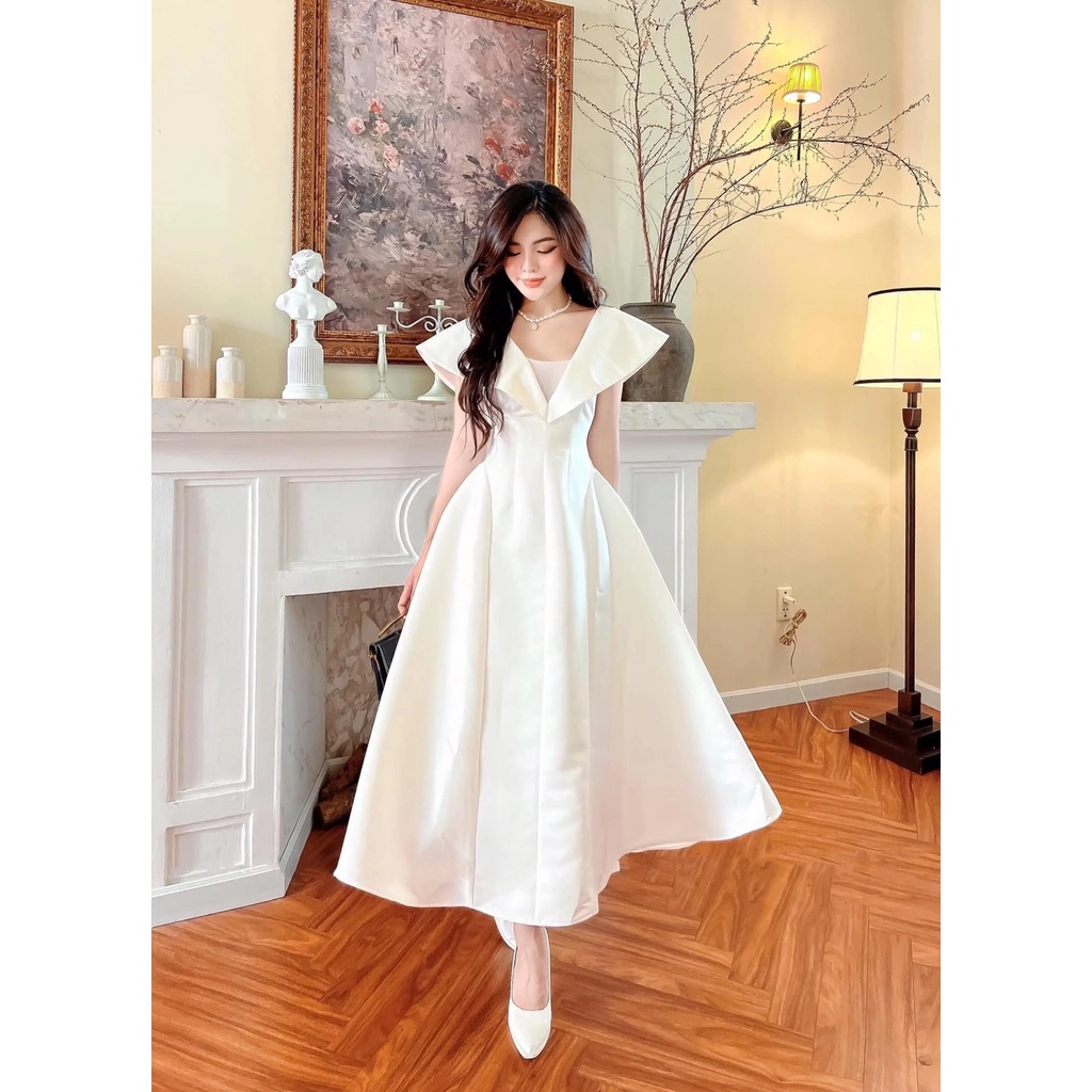 Đầm xòe dáng dài cổ V phối tay dự tiệc (HÀNG CAO CẤP ĐẸP Y HÌNH)