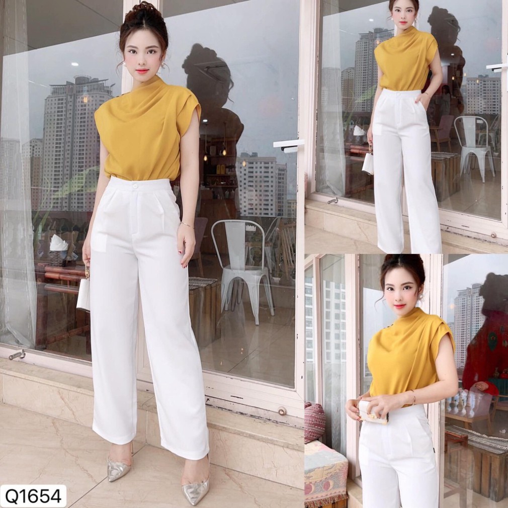 (Hàng Thiết Kế) Set áo lụa vàng cát phối quần âu trắng công sở A1823 Q1654 [Kèm Ảnh Thật]