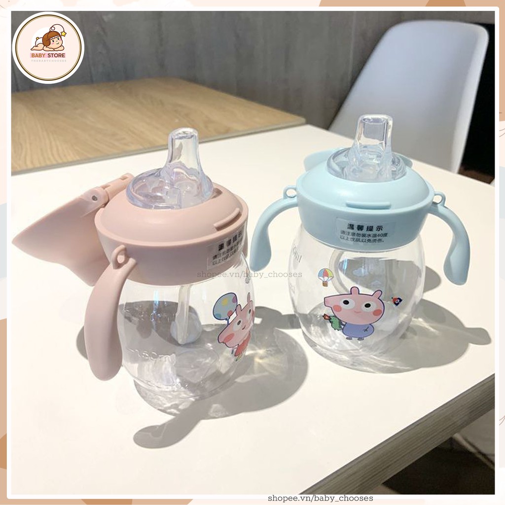 Bình tập uống nước tập uống baby chooses có tay cầm dây đeo cho bé núm ti silicon chống sặc 280ml