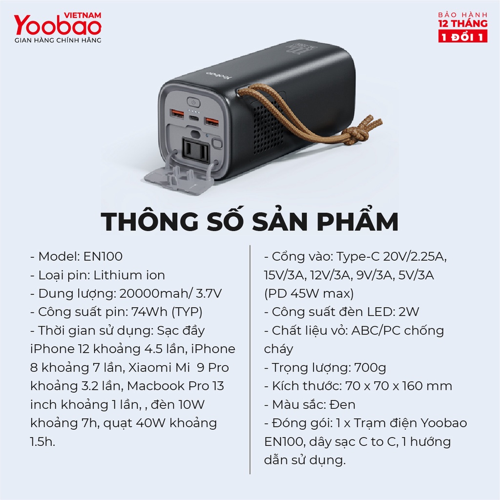 Trạm sạc dự phòng Yoobao EN100 dung lượng 20000mAh Tích hợp đèn pin 20000mah PD45W 220V/100W - Hàng chính hãng