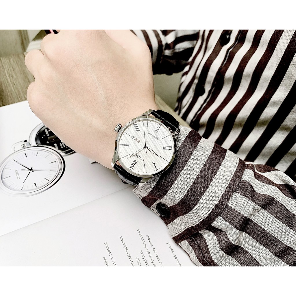 Đồng hồ Nam chính hãng Citizen Automatic NH8350-08A Size 40,Mặt trắng,Lịch-Máy cơ tự động-Dây da đen cao cấp