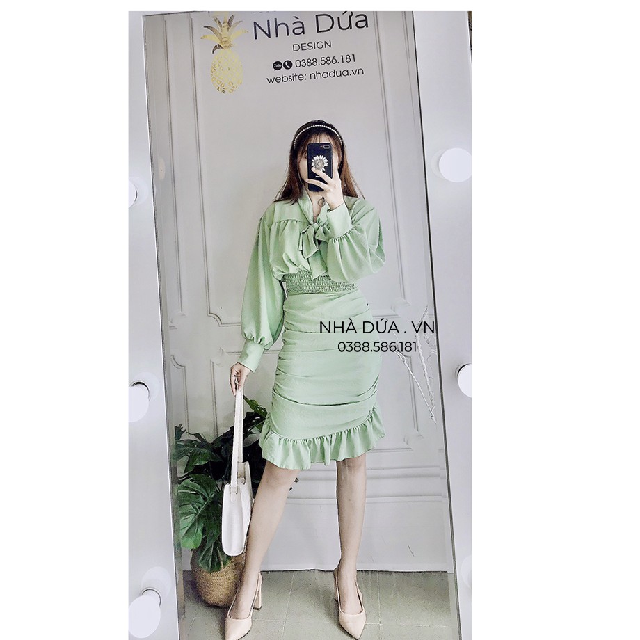 [hình + video thật] Sét áo cổ nơ kèm váy nhún thanh lịch - set trang phục mặc đi học đi chơi đi làm- áo nơ kèm chân váy