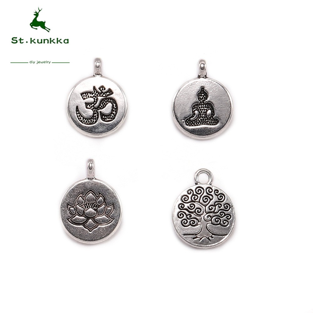 Set 10 mặt dây chuyền hình yoga / phật / hoa sen màu bạc phong cách cổ xưa