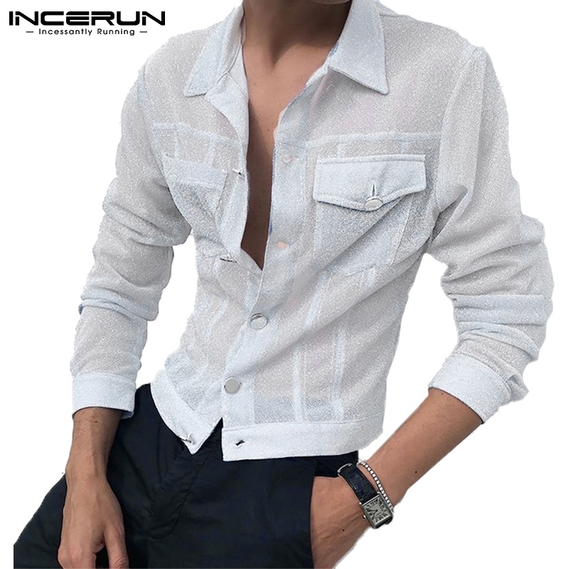 Áo sơ mi INCERUN tay dài xuyên thấu có nút thời trang 2 màu lựa chọn dành cho nam