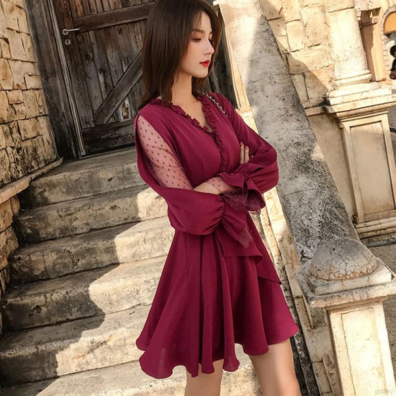Đầm Nữ Tay Dài Phối Lưới Ôm Dáng Phong Cách Hàn Quốc