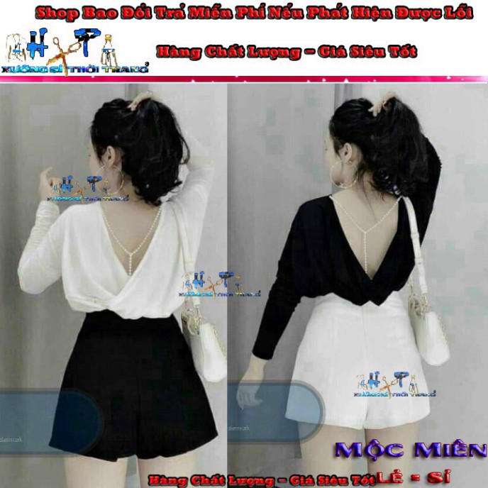 Áo kiểu phom rộng tay dài thun cotton mỏng mịn mát phối ngọc chéo hở lưng mẫu mới hót thời trang 2020 -New- A36