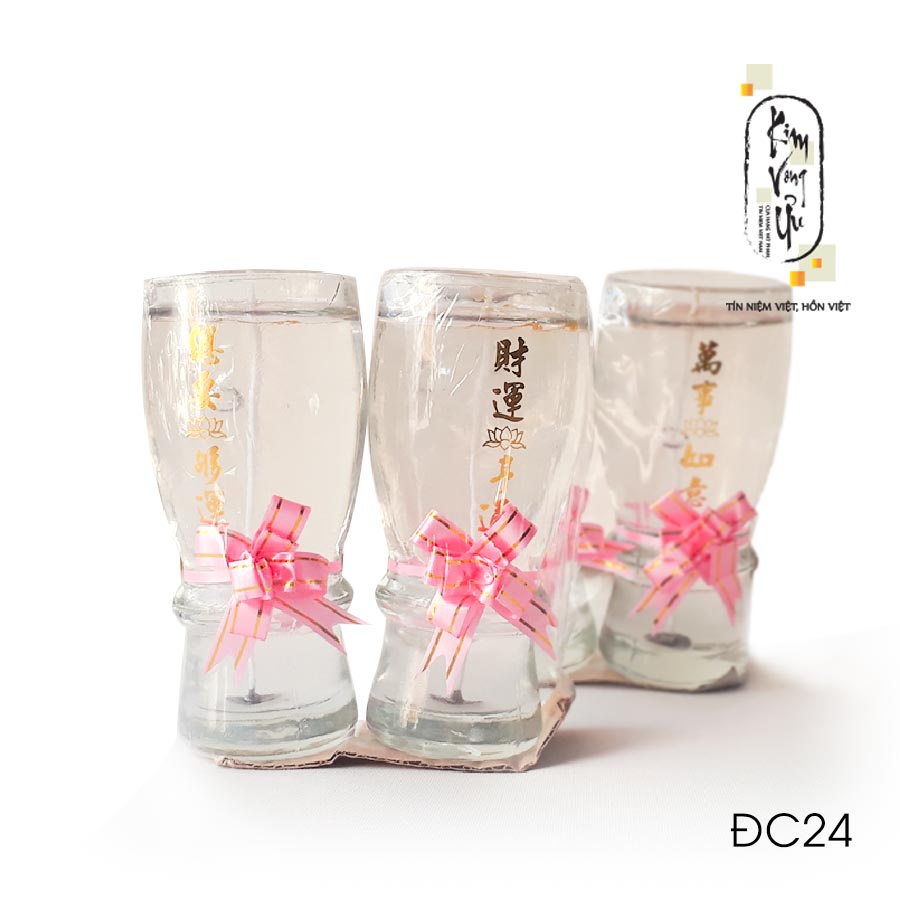 Đèn cầy ly cúng Nơ Hồng Viền Đỏ / Không Viền  ĐC24 cao 14.5 cm