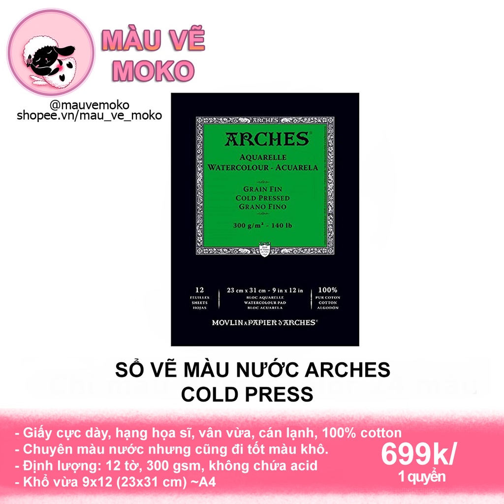 Sồ màu nước giấy vẽ màu nước tốt nhất Arches Cold press A4 hạng họa sĩ cao cấp, chuyên dùng cho màu nước chất lượng cao