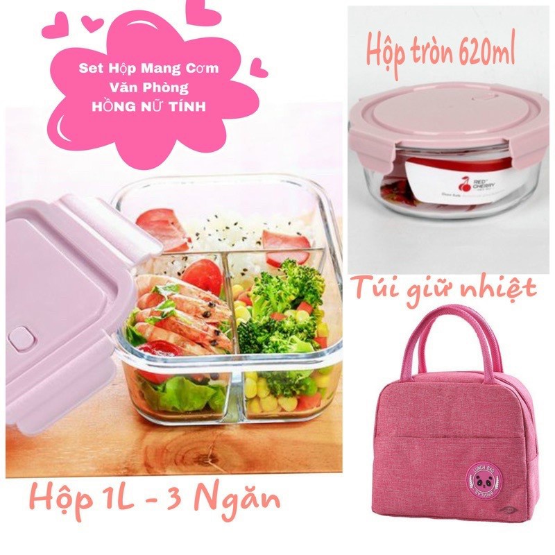 Set Hộp Mang Cơm Văn Phòng 3 Món Màu Hồng - 1 Hộp 3 Ngăn 1L + 1 Hộp 620ml + Túi Giữ Nhiệt - Chịu Nhiệt, Chống Tràn