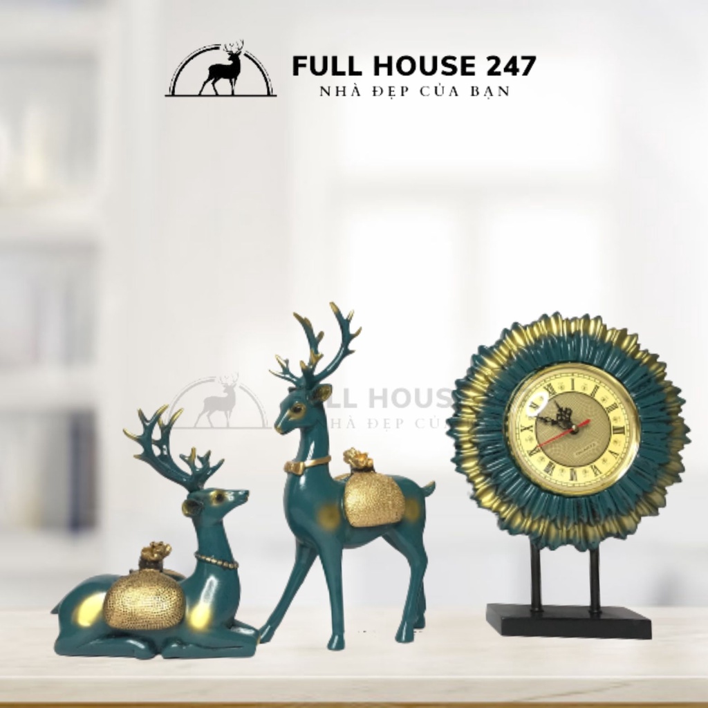 Bộ 3 chi tiết Hươu Tài Lộc và đĩa mặt trời kết hợp đồng hồ hàng decor cao cấp trang trí phòng khách