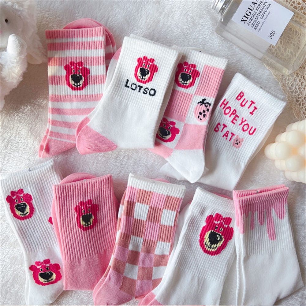Cod Qipin INS Vớ Dài Họa Tiết Gấu Hồng Dâu Tây Hoạt Hình Phong Cách Lolita Hàn Quốc Ngọt Ngào Phụ Kiện Ngọt Ngào