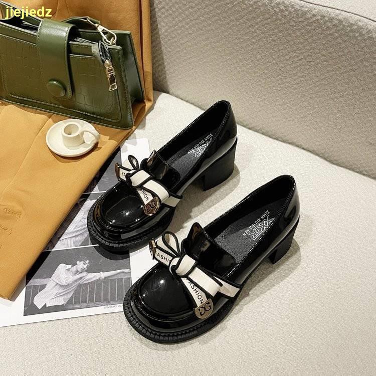 Giày cao gót da mũi tròn phong cách Anh Quốc thời trang xuân thu cho nữ s 2021