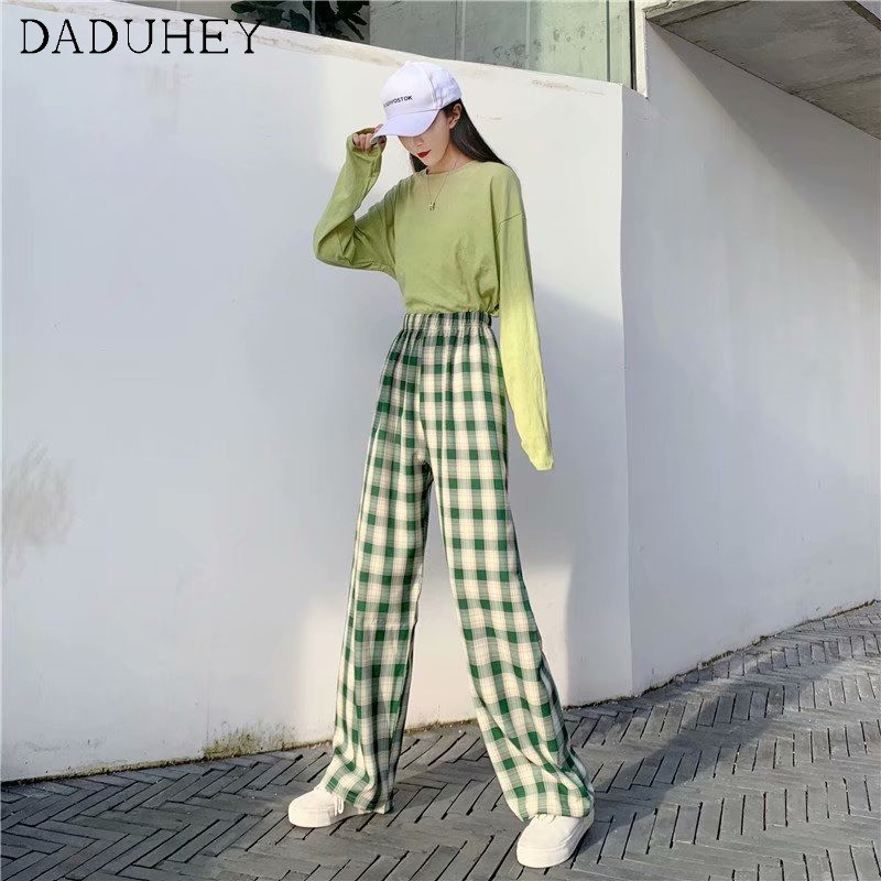 DaDuHey💕 Women's Plaid Elastic Waist Wide Leg Pants Women Floor Straight Plus Size Casual Loose Floor Trousers