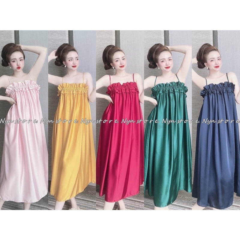 Đầm ngủ dài qua gối 2 dây mềm mịn freesize <60kg