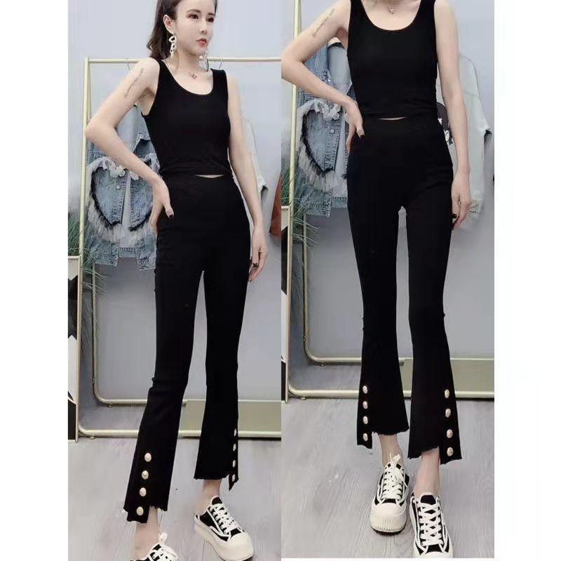 Quần lưng co giãn dáng ôm phối bốn nút gài kiểu xẻ tà không đồng đều thời trang mùa thu phong cách Hàn Quốc