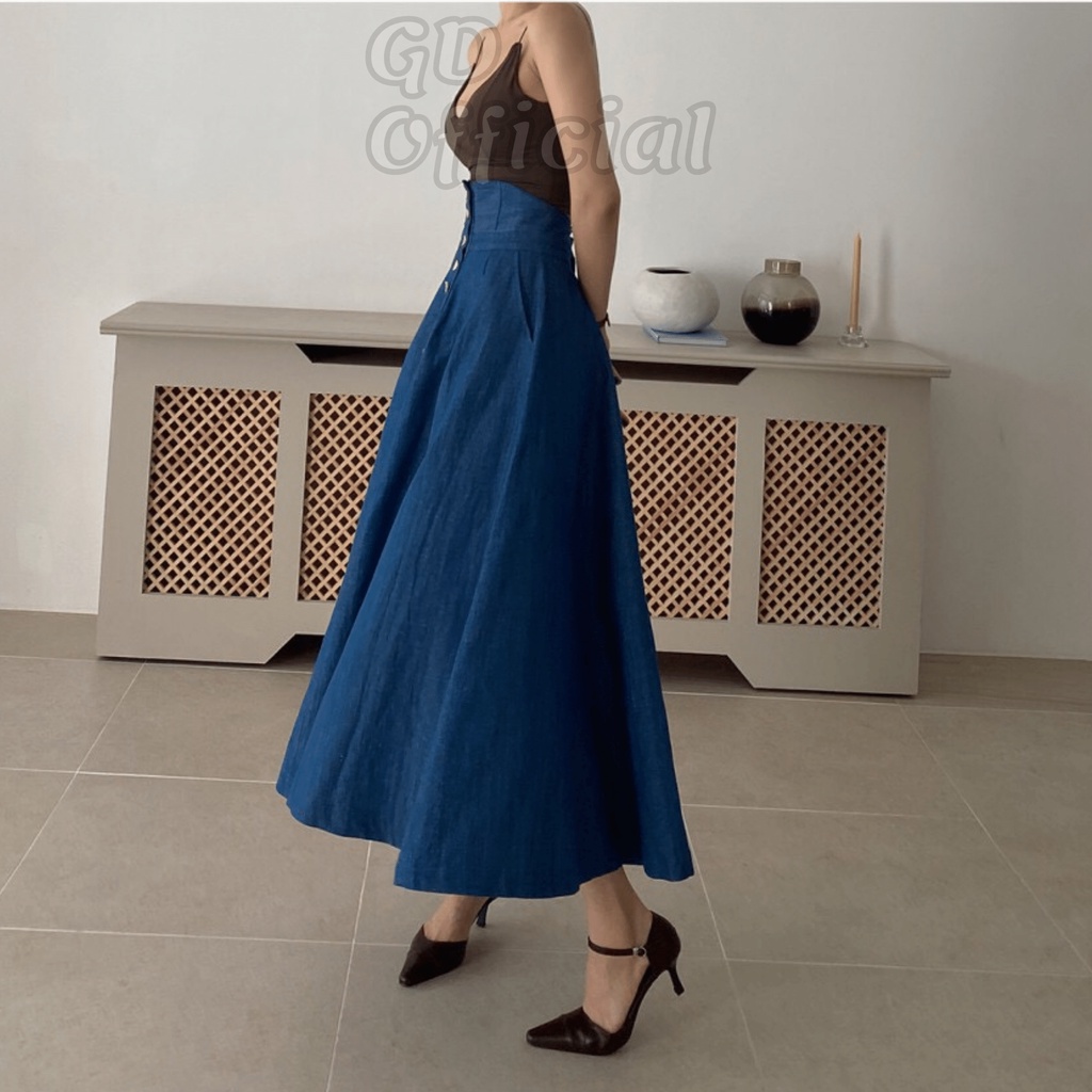 V3|Váy denim hàng cúc xòe lớn dáng dài cho nữ thanh lịch, công sở nhẹ nhàng màu xanh GD Official