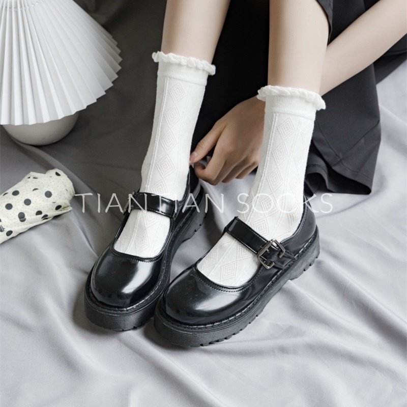 TIAN TIAN T158 Vớ Cotton Tất nữ cao cổ Phối Ren Màu Trơn Dễ Thương Phong Cách Nhật Bản