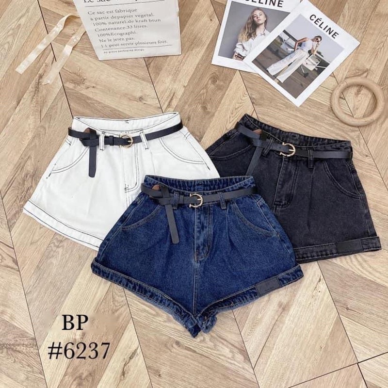 QUẦN SHORT BÒ KÈM ĐAI GẤP GẤU ỐNG RỘNG CẠP CAO QUẢNG CHÂU MS25661