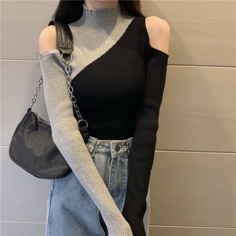 IELGY    Áo sweater Tay Dài Màu Sắc Đối Lập Phong Cách Phương Tây Dễ Phối Đồ Cho Nữ