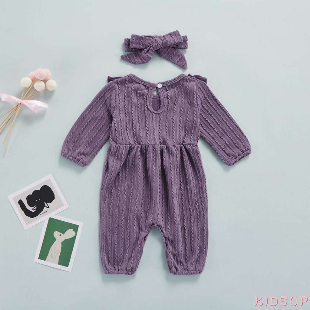 Set Áo liền quần tay dài cổ tròn + băng đô cài tóc nhiều màu sắc cho bé