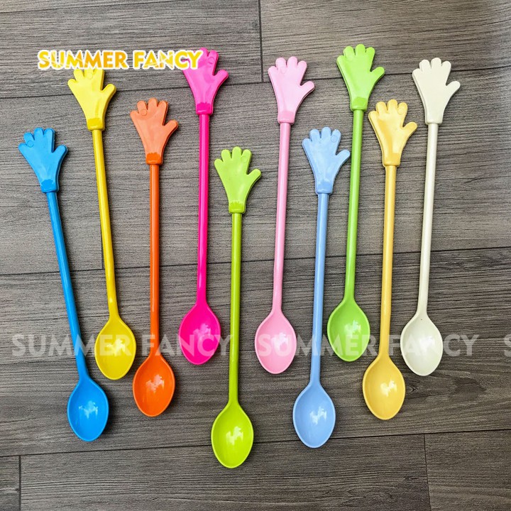 5 Muỗng 20cm hình bàn tay nhựa pha chế đuôi màu tươi, màu đen, màu pastel - thìa bar que khuấy sinh tố - Hand spoon