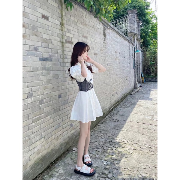 Set Đầm Sơ Mi Tay Phồng + Áo Khoác Denim Không Tay Phong Cách Thời Trang Mùa Hè 2022 Mới Dành Cho Nữ