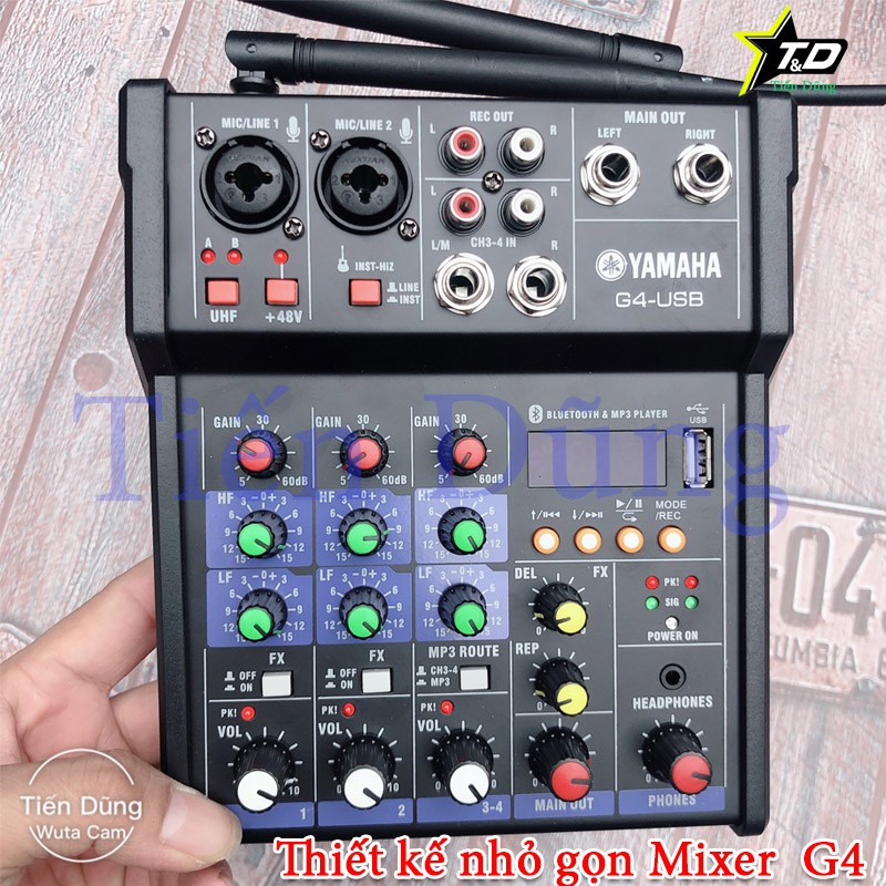 Bàn Mixer G4 live stream được hỗ trợ màn hình LED có bluetooth kiêm 2 mic không dây tiện cho oto loa kéo và các loa khác