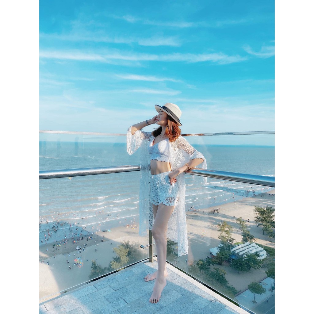 Sét bikini 3 món len móc Hà Hồ (khoác dài, màu trắng) | BigBuy360 - bigbuy360.vn