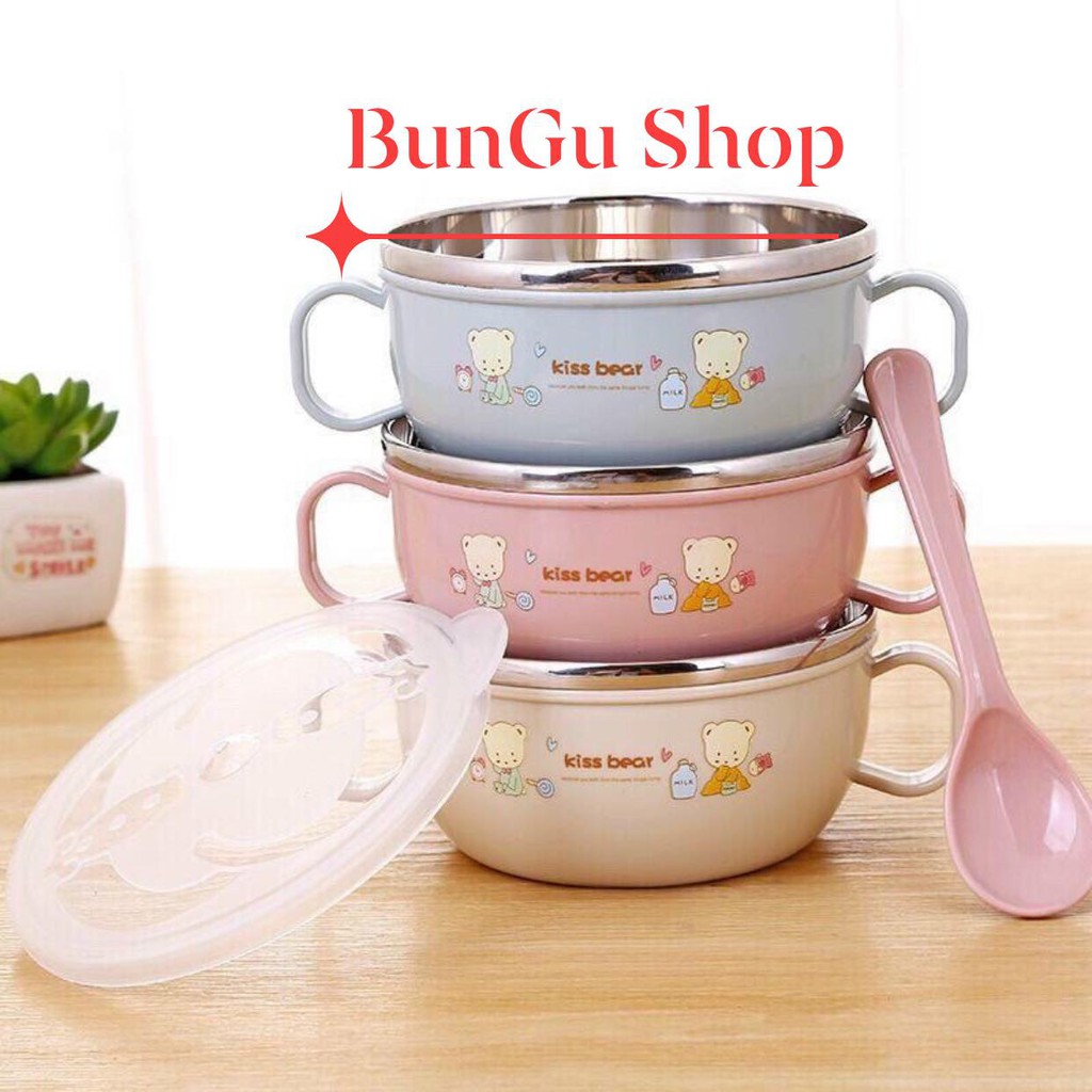 ⚡FREESHIP⚡ Bát ăn dặm, Tô ăn cơm inox giữ nhiệt cho bé có nắp đậy kèm thìa cho bé Bungu Shop