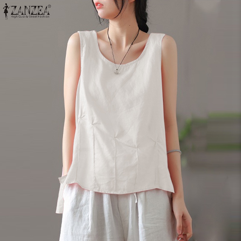 Áo sát nách ZANZEA cổ tròn xếp ly màu trơn phong cách cổ điển thời trang cho nữ