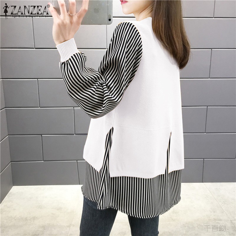 Áo ZANZEA họa tiết kẻ sọc dáng rộng cổ tròn tay áo dài thời trang cho nữ
