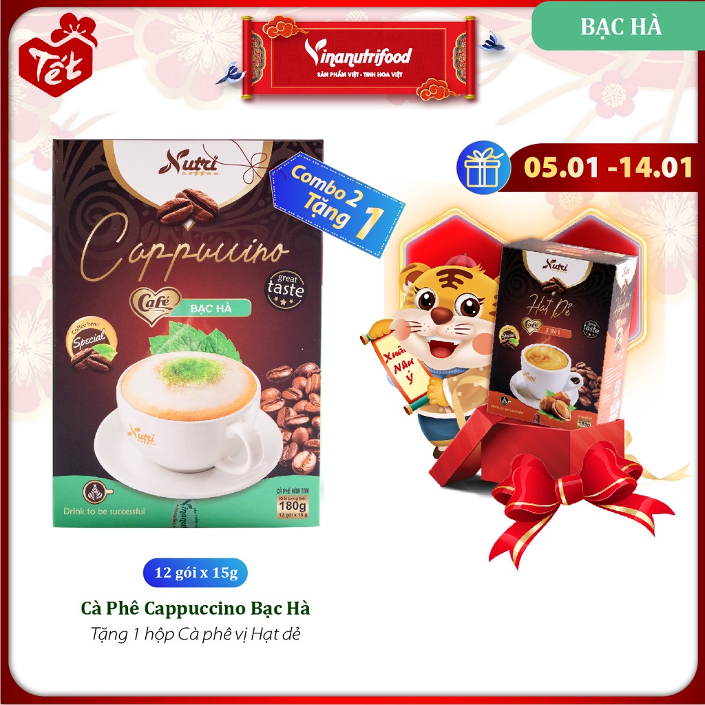 Cà phê hòa tan Capuchino bạc hà Vinanutrifood, Hộp 15g x 12 gói