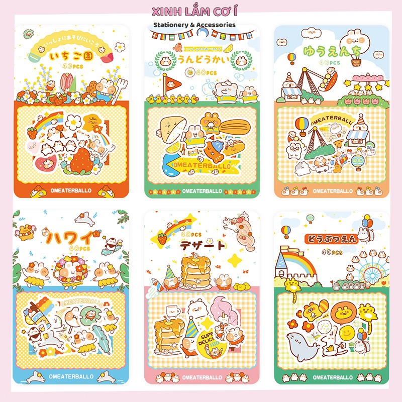 Set 40 Sticker Gấu Thỏ Cầu Vồng Meaterball Dễ Thương