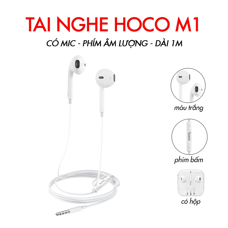 TAI NGHE NHÉT TAI HOCO M1 NHỰA TPE JACK 3.5 CÓ MIC CÓ LOGO  - DÀI 1.2M - MÀU TRẮNG TN1 [PHỤ KIỆN HOCO]