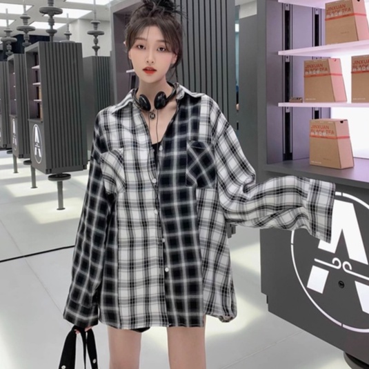 Áo Sơ Mi Tay Dài Dáng Rộng Kẻ Sọc Ca Rô Đen Trắng Kiểu Retro