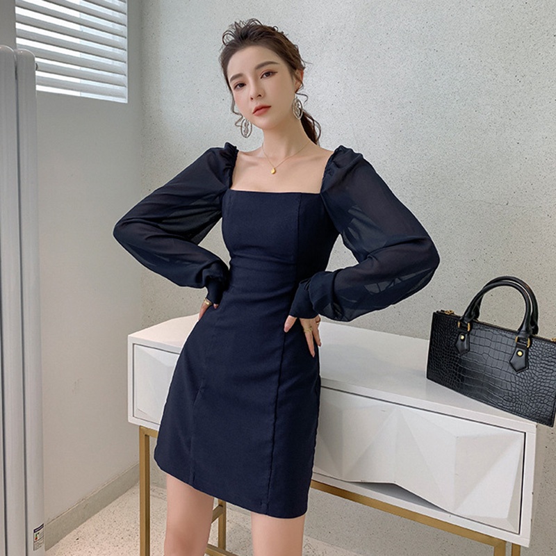 IELGYĐầm Cổ Vuông Tay Dài Dáng Ôm Màu Đen Có Khóa Kéo Thời Trang Cho Nữ