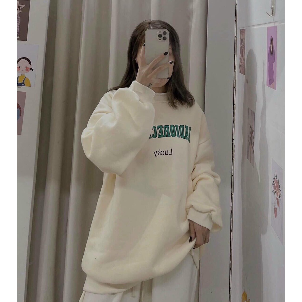 Áo Sweater In Chữ Lucky Áo Sweater Tay Bồng Chất Nỉ Ngoại Dày Dặn Form Rộng Freesize Unisex Ảnh Thật